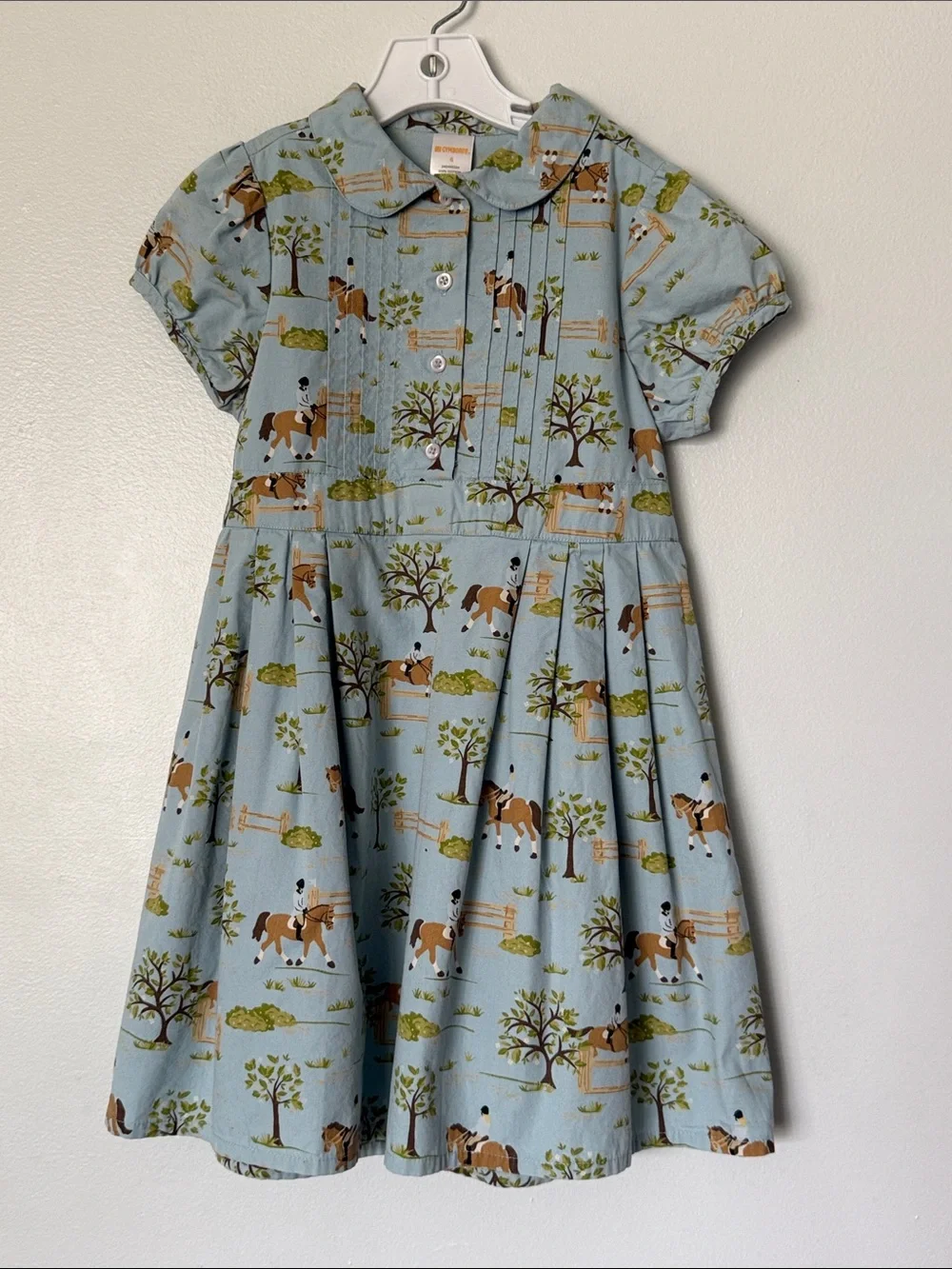 girls 6 Gymboree blue horse equestrian riding dress print club pleated cotton
